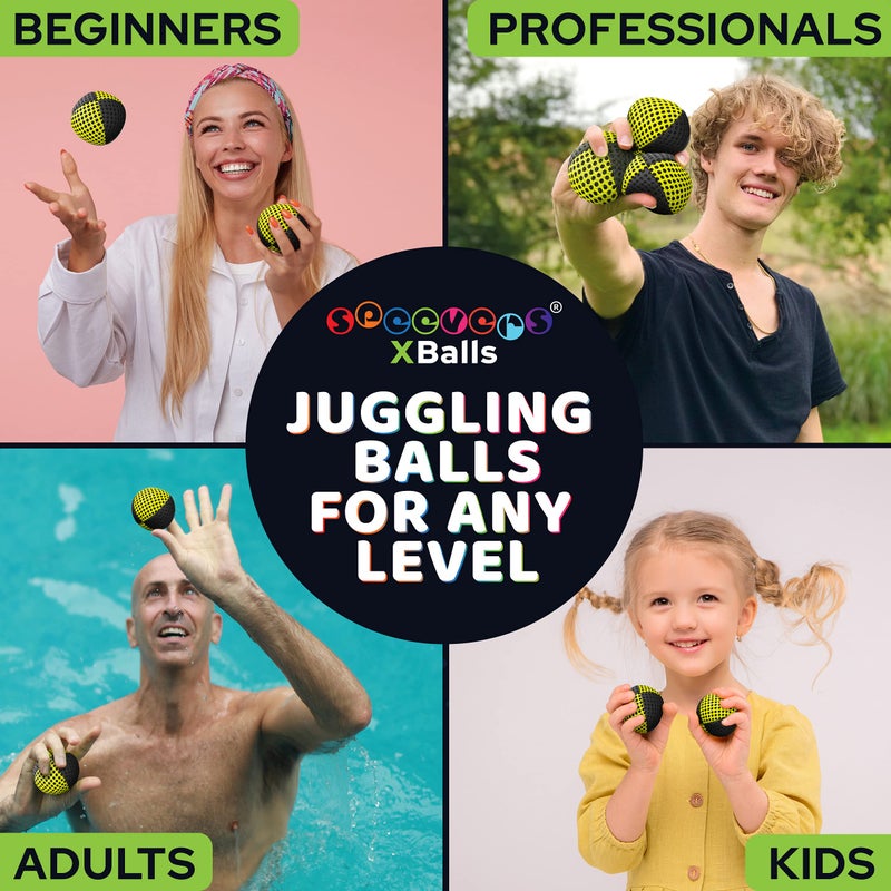 speevers Juggling Balls for Beginners and Professionals Set of 3, 14 Colors Available, 2 Layers of Net and Carry Case, Xballs Juggling Balls (Black - Yellow, 3.9 oz) - Image 2